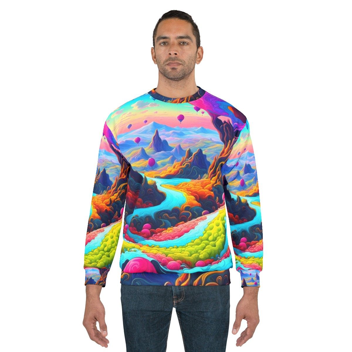 Dreamscape Sweatshirt with Psychedelic, Neon, and Trippy Urban Landscape Design - men