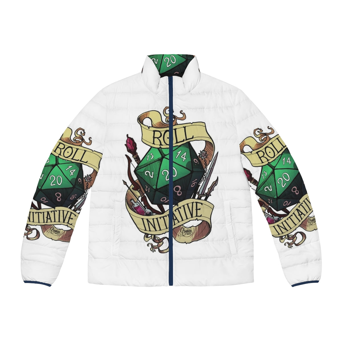 Dice puffer jacket with "Roll Initiative" printed design, perfect for tabletop RPG fans