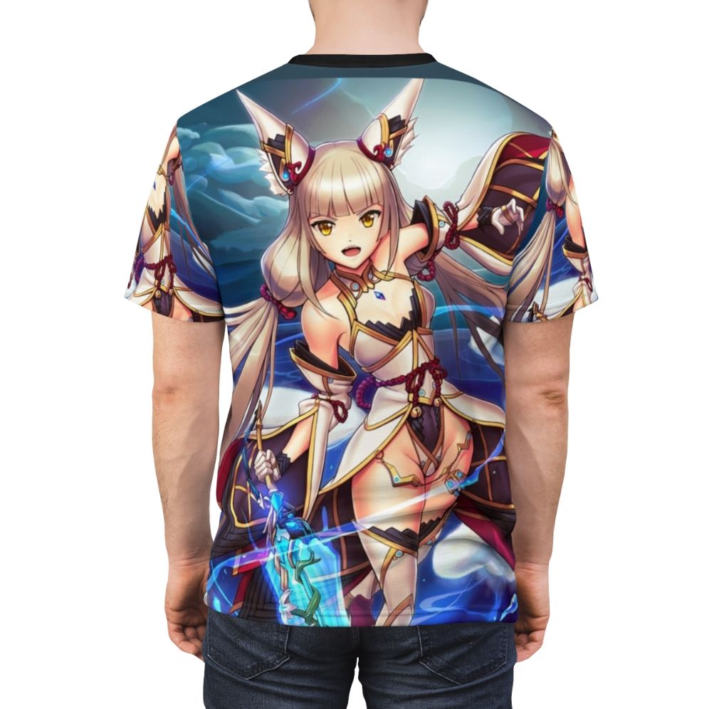 Vibrant anime-style illustration of the female character "Nia Blade" on a high-quality t-shirt - men back