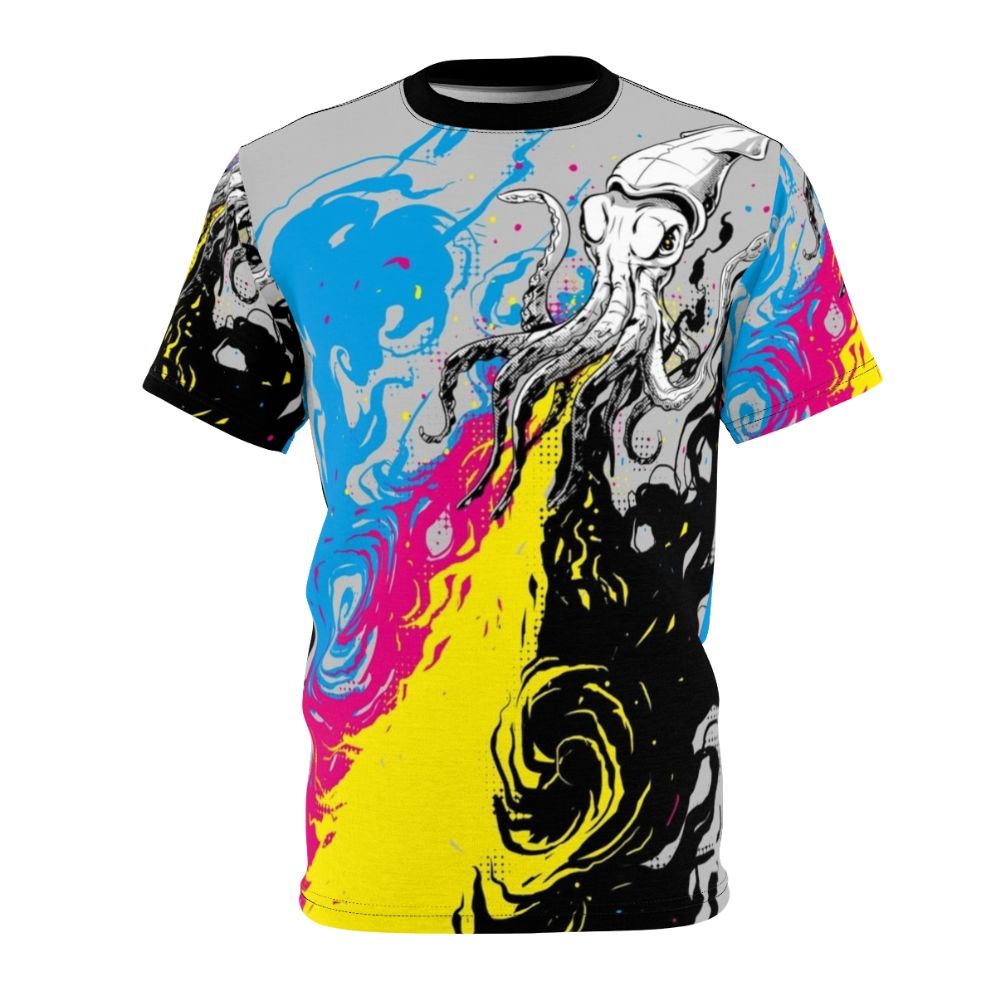 Vibrant digital art t-shirt featuring a colorful squid illustration