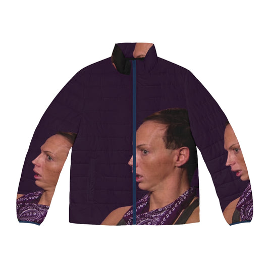 Vaporwave-inspired puffer jacket with a "back rolls" design, perfect for the sad boy aesthetic.