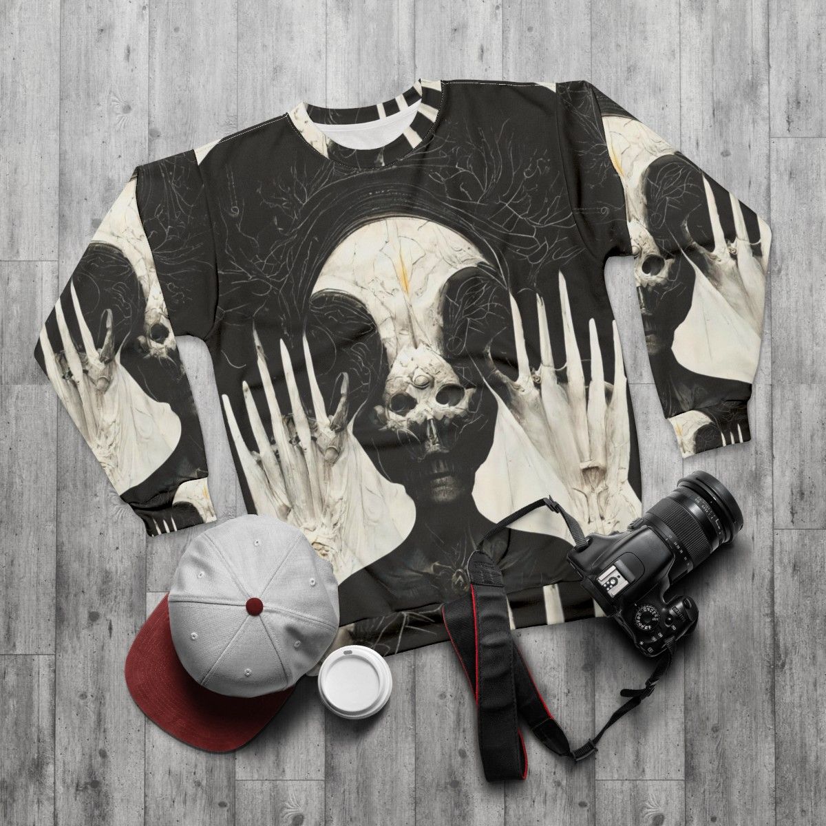 HR Giger Necronomicon Midjourney AI Art Sweatshirt - flat lay