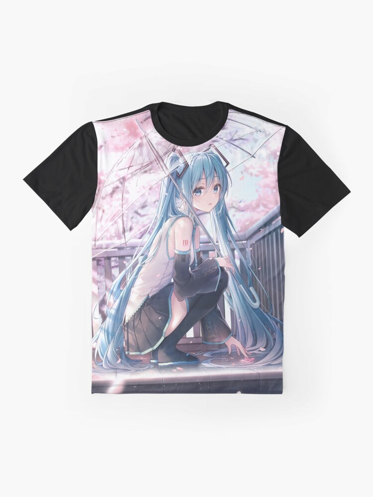 Hatsune Miku, a popular anime character, featured on a vibrant graphic t-shirt. - Flat lay