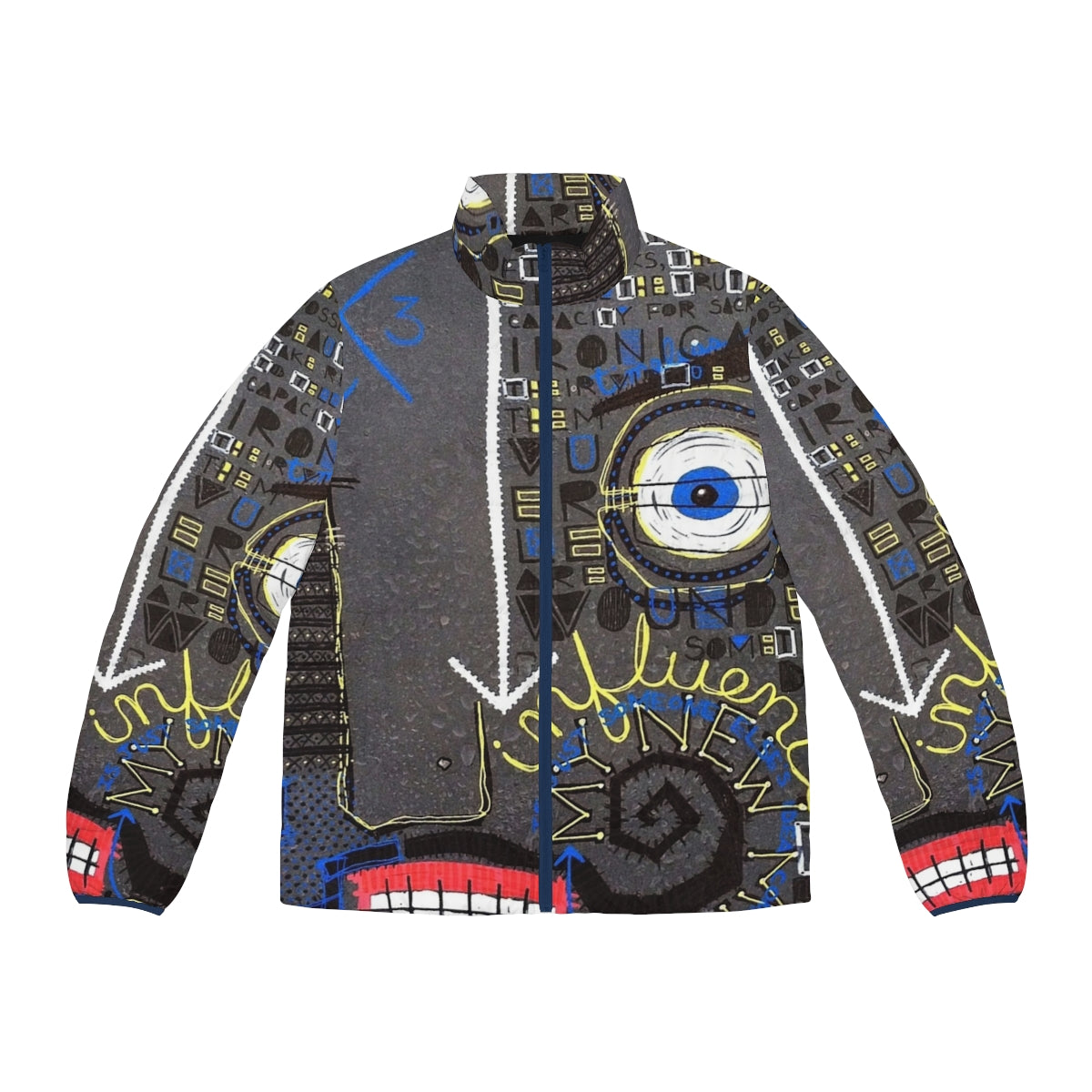 Influence Puffer Jacket featuring abstract face and mustache design