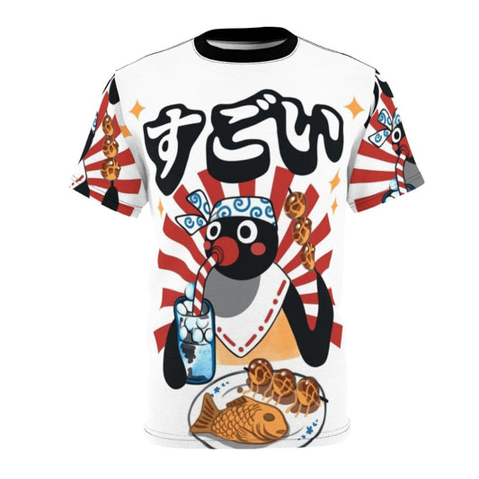 Retro-style penguin cartoon design t-shirt with Japanese festival and party inspired graphics