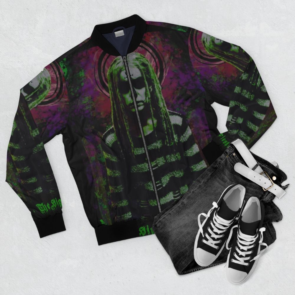 The Lords of Salem bomber jacket featuring the iconic artwork and style of Sheri Moon Zombie - Flat lay