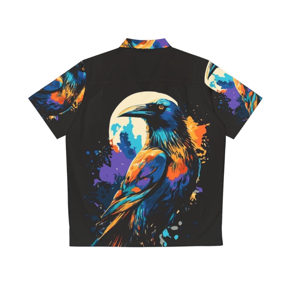 Colorful Hawaiian shirt featuring a design of crows and ravens against a dark background - Back