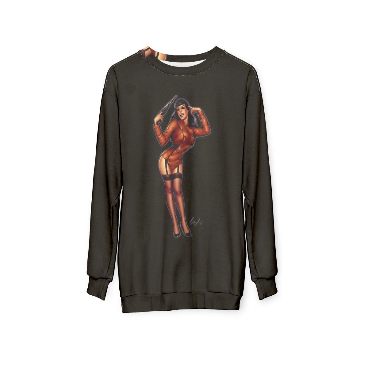 Vintage-inspired Bettie Page sweatshirt with The Rocketeer design - hanging