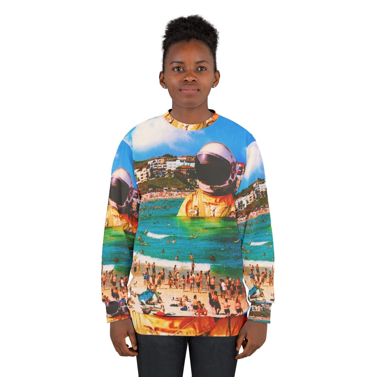 Surreal digital art sweatshirt featuring a beach astronaut in a collage design - women