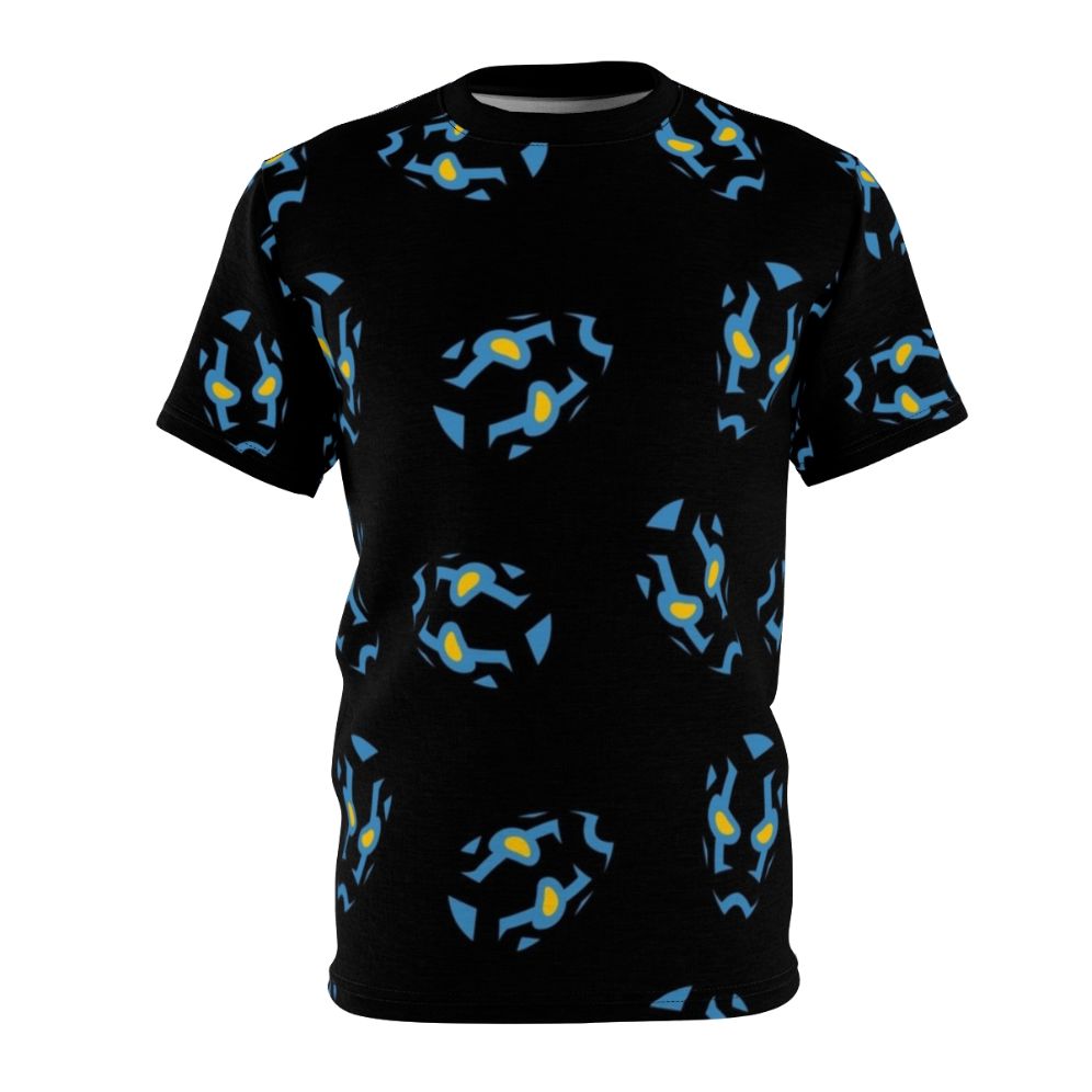 Artistic interpretation of the Blue Beetle superhero mask from DC Comics on a t-shirt