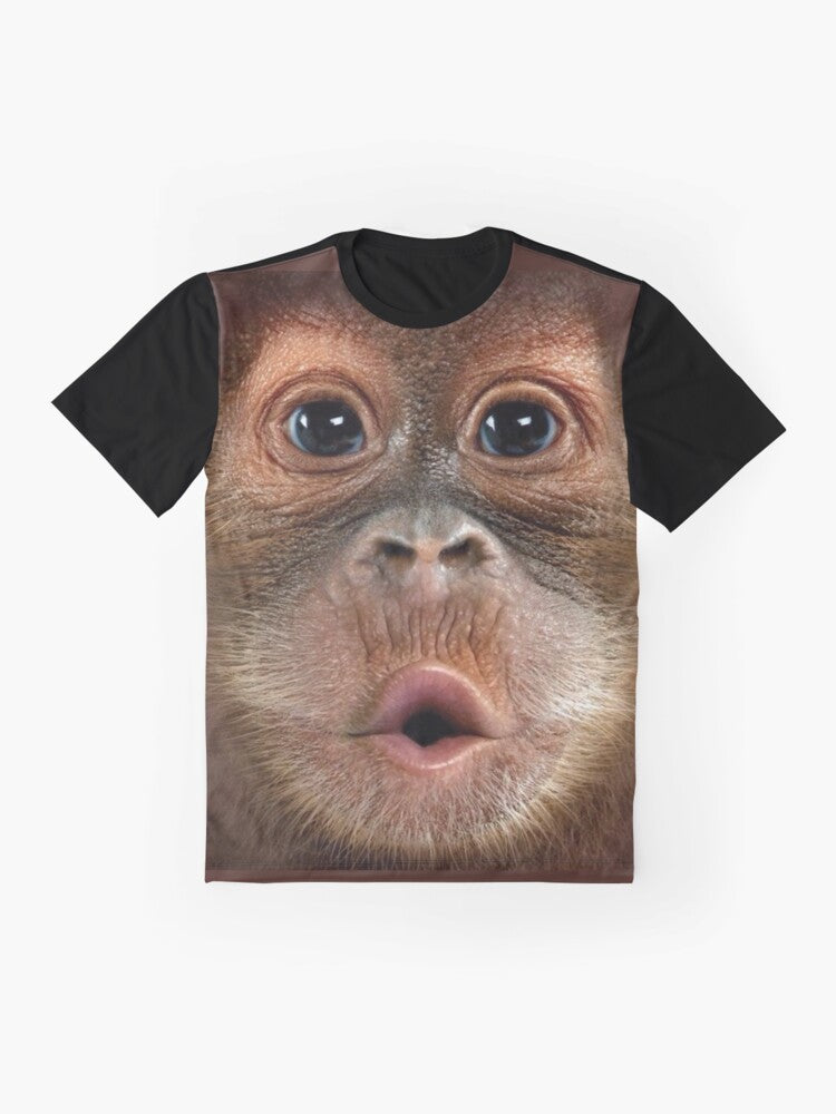 Hyper realistic illustration of a baby orangutan monkey on a graphic t-shirt - Flat lay