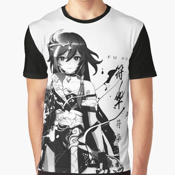 A dark graphic t-shirt featuring the Herrscher of Sentience, Kiana Kaslana, from the Honkai Impact anime-inspired game.