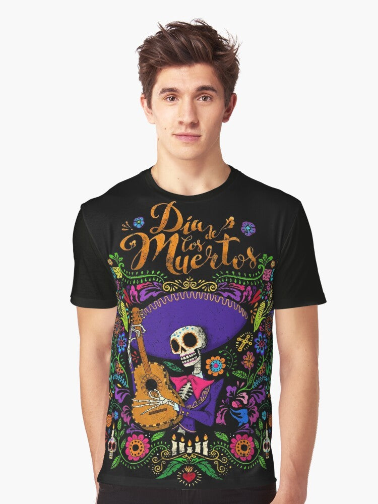 Dia De Los Muertos graphic t-shirt featuring a sugar skull and skeleton design - Men