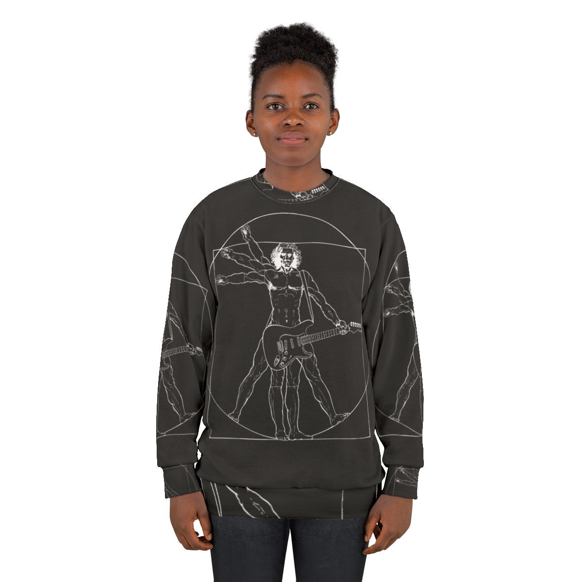 Vetruvian Rock Star Sweatshirt featuring classical art and heavy metal music elements - women