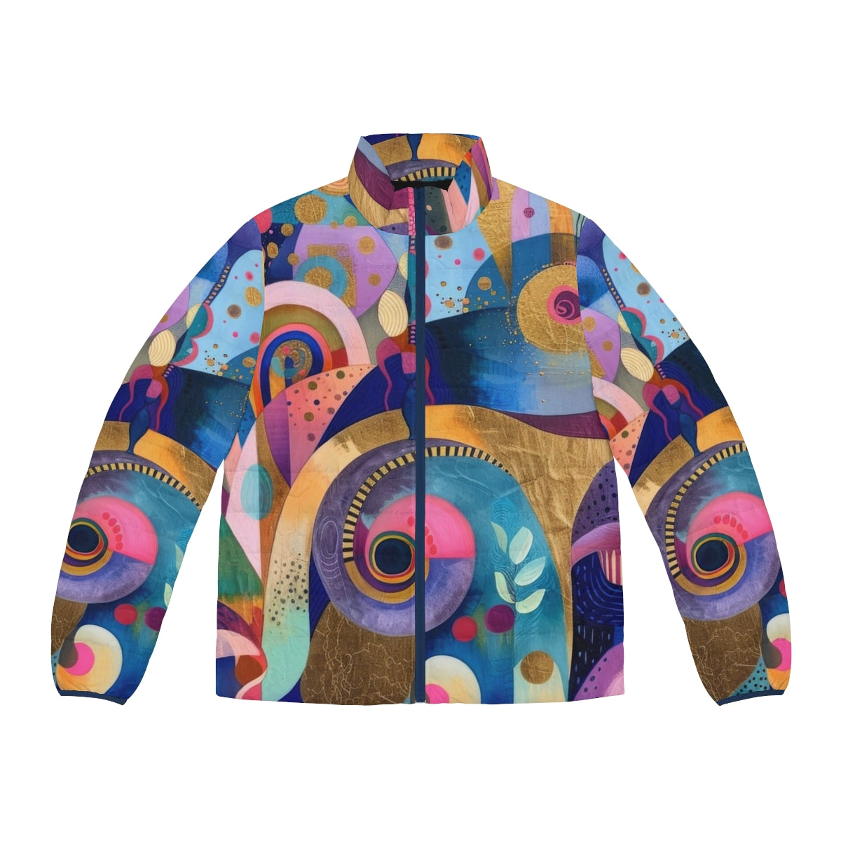 Vibrant tropical garden puffer jacket with abstract shapes and patterns