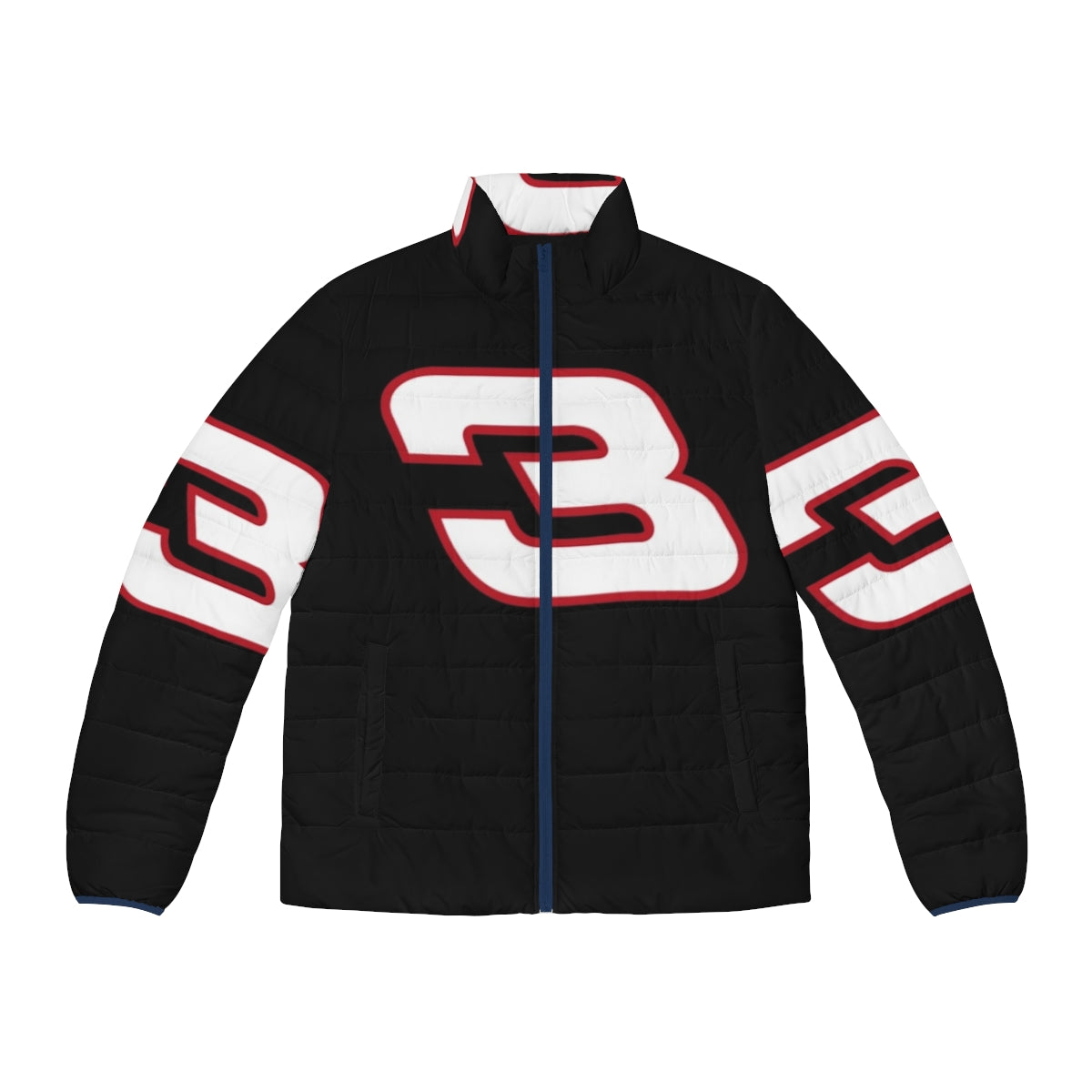 A black and white puffer jacket with the number 3 design, representing the iconic legacy of Dale Earnhardt in NASCAR racing.