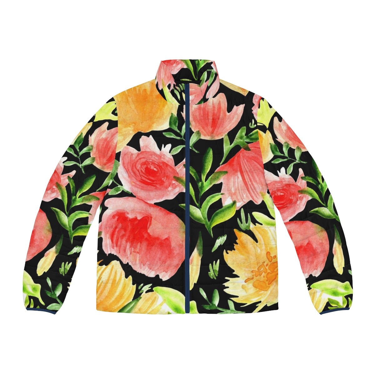 Watercolor floral puffer jacket with black background