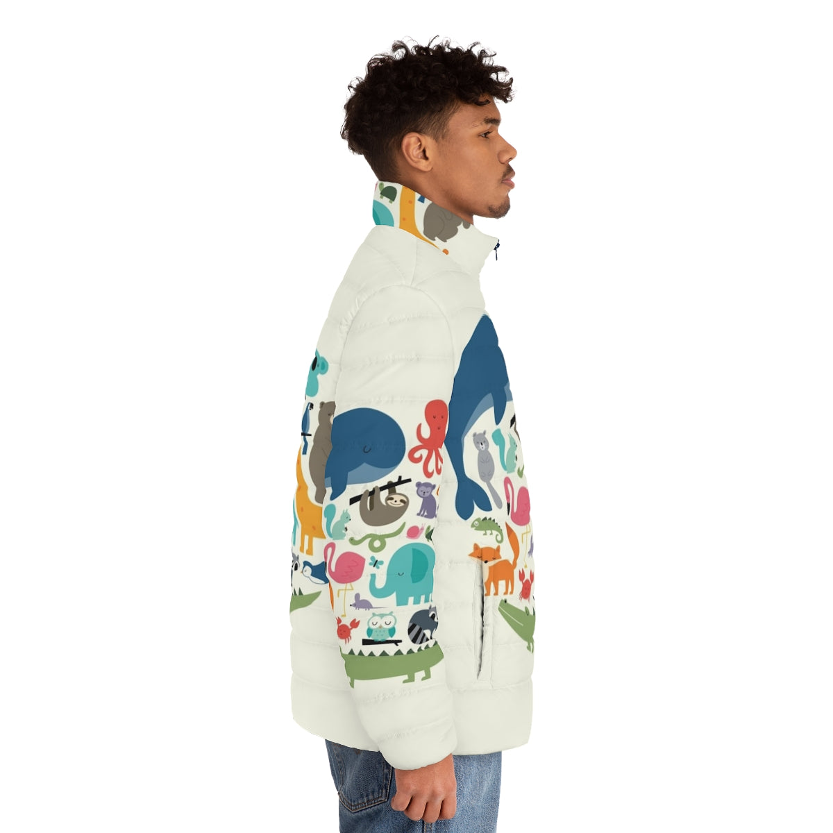 Model wearing the We Are One puffer jacket featuring various animal designs - men side right