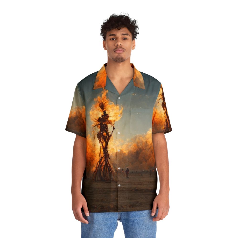 Burning Man Hawaiian Shirt with Fire and Smoke Motif - People Front