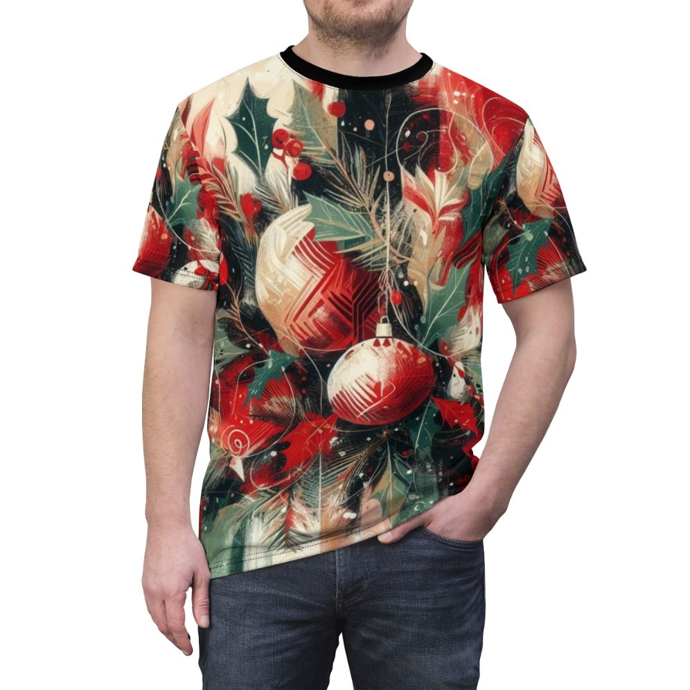 Person wearing a t-shirt with a Christmas decorations design, showcasing the festive spirit of the holiday season. - men front