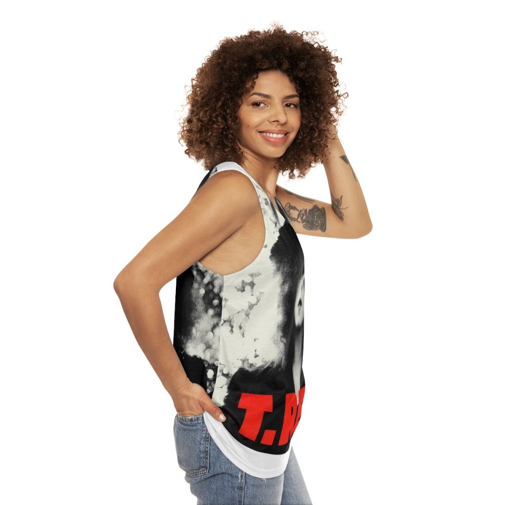 T-Rex Unisex Tank Top featuring the iconic dinosaur design - women side