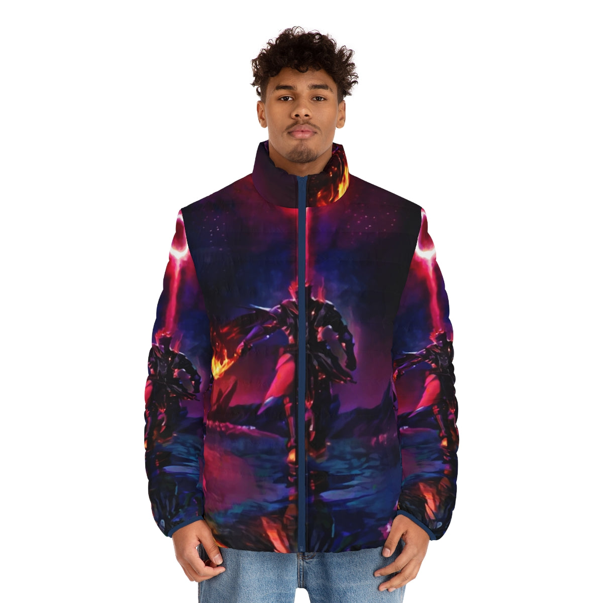 Boss of the Ring in Flames puffer jacket with dark fantasy and gaming inspired design - men front