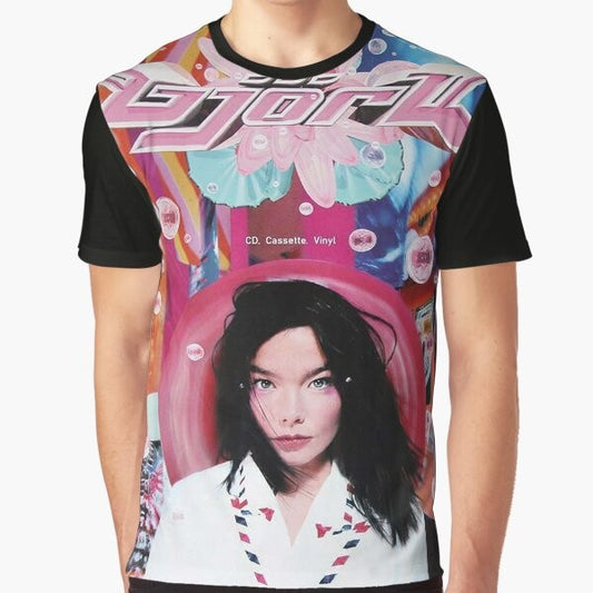 A graphic t-shirt featuring a 90s-inspired post-rock design with elements of Björk, Radiohead, and vaporwave aesthetics.