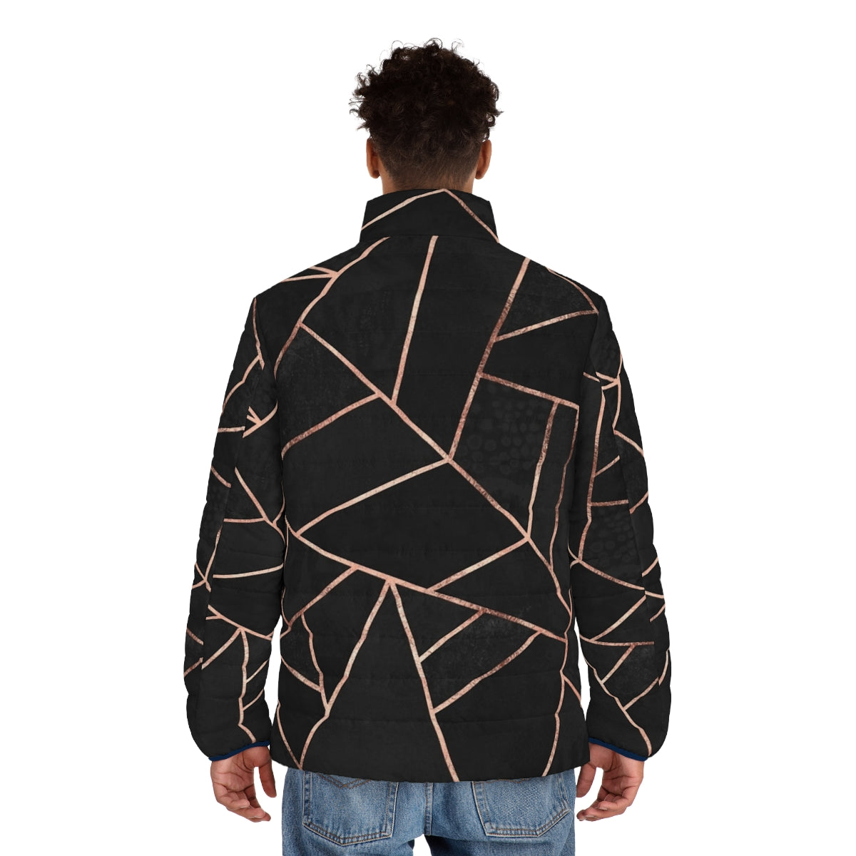 Black and rose gold puffer jacket with abstract geometric design - men back