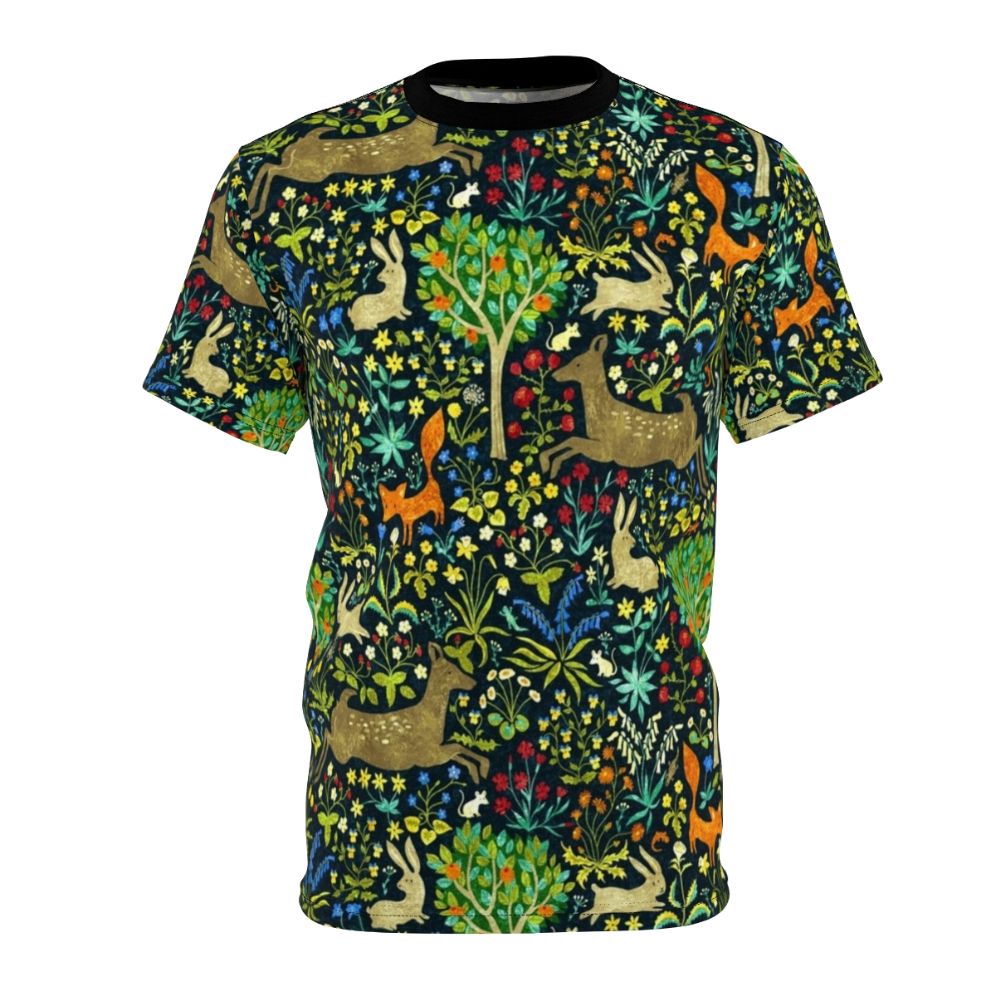 Arazzo Medievale medieval-inspired t-shirt featuring forest animals like hares, deer, and foxes in a nature-themed design