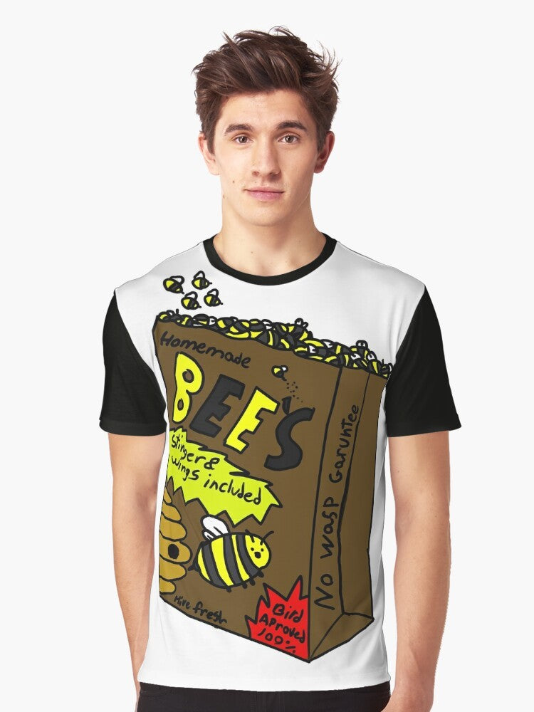 Illustration of a bumblebee eating from a paper bag on a black and yellow graphic t-shirt - Men