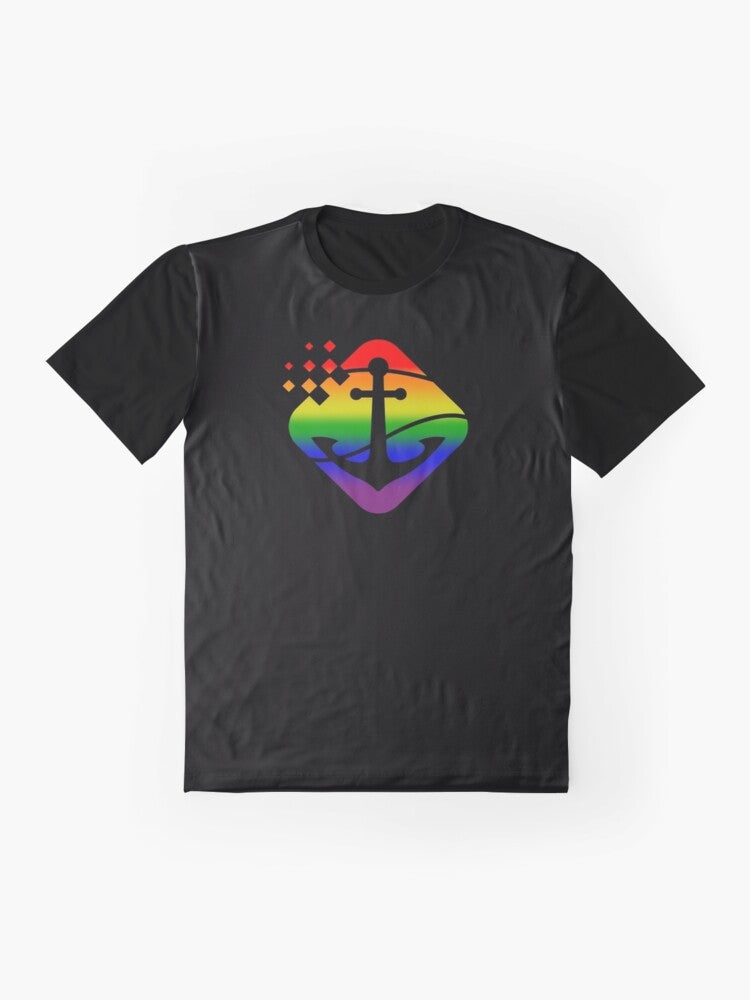 Graphic t-shirt design featuring a nautical anchor and pride flag colors, celebrating nautical, anchor, and boating pride. - Flat lay