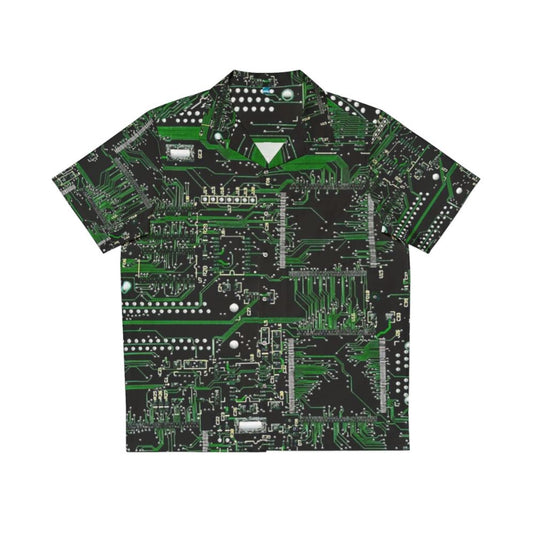 Vibrant Hawaiian shirt with printed circuit board design