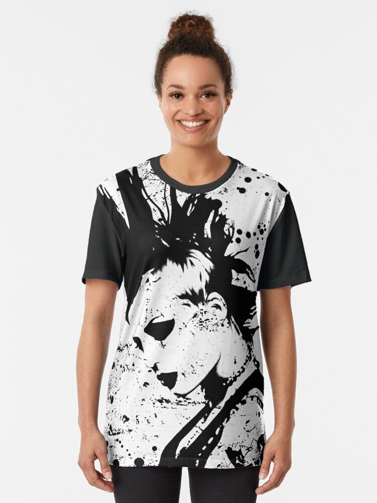 Graphic t-shirt featuring a black and white portrait sketch of punk rock musician Brody Dalle of The Distillers. - Women