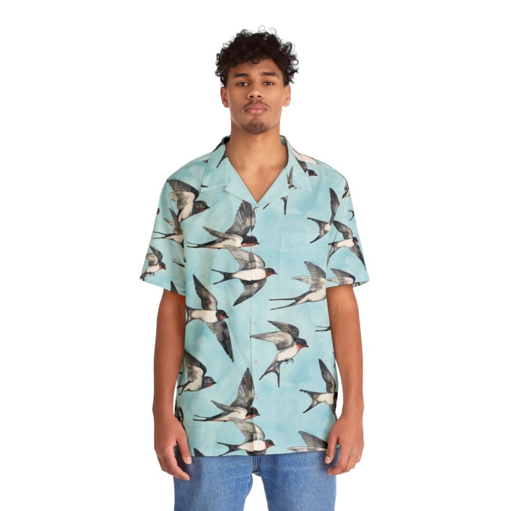 Watercolor Hawaiian shirt with blue sky and flying swallows - People Front