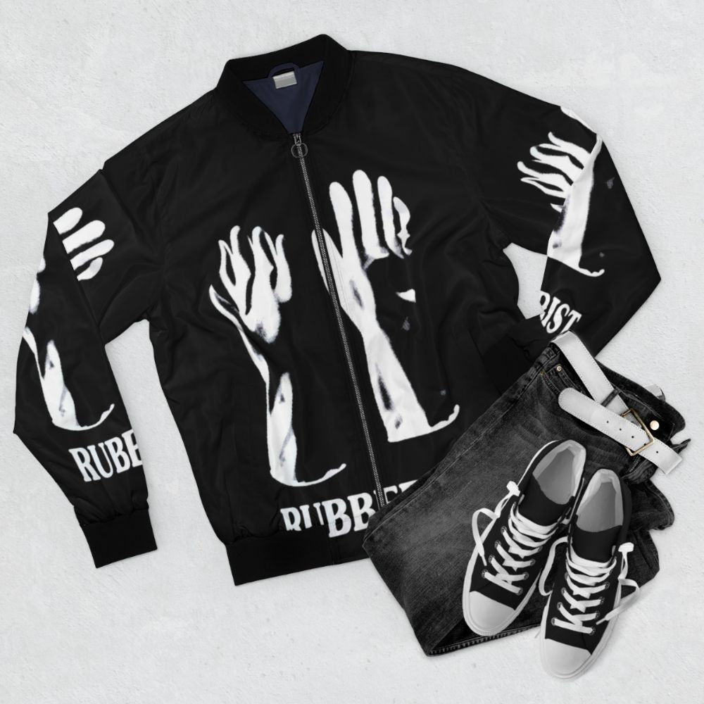 Personalized vintage-style bomber jacket with custom gloves design - Flat lay