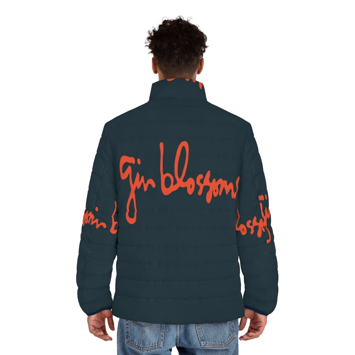 Gin Blossoms vintage logo printed on a cozy puffer jacket - men back