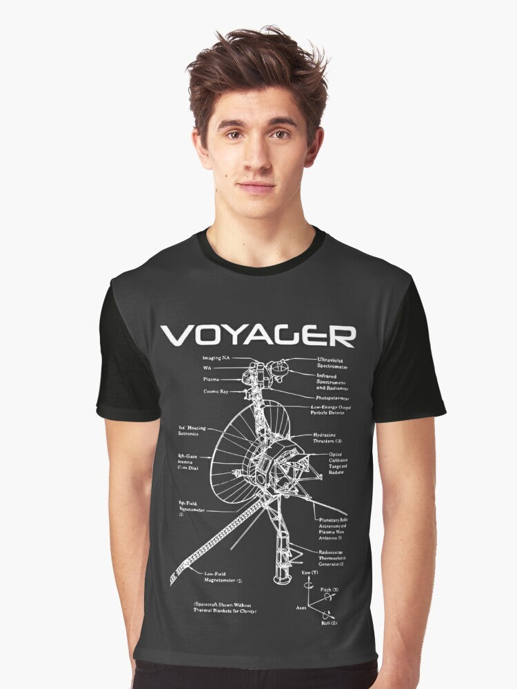 Voyager Program graphic t-shirt featuring spacecraft, planets, and cosmos design - Men