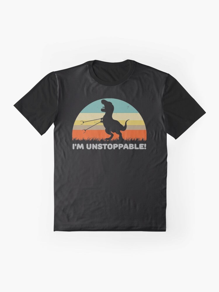 Graphic illustration of a T-Rex dinosaur holding a trash grabber pickup tool, humorous dinosaur design - Flat lay