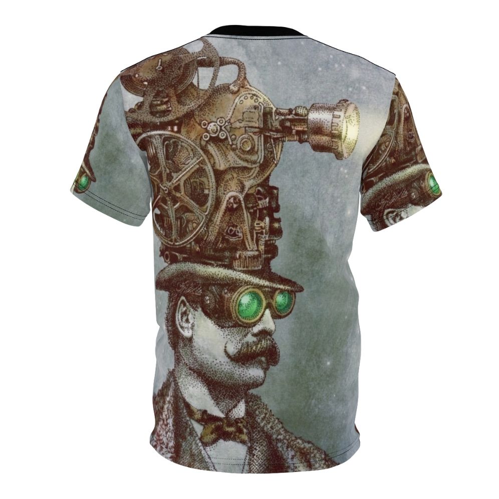 Steampunk-inspired t-shirt design featuring a projector, top hat, moustache, and surreal space elements. - Back