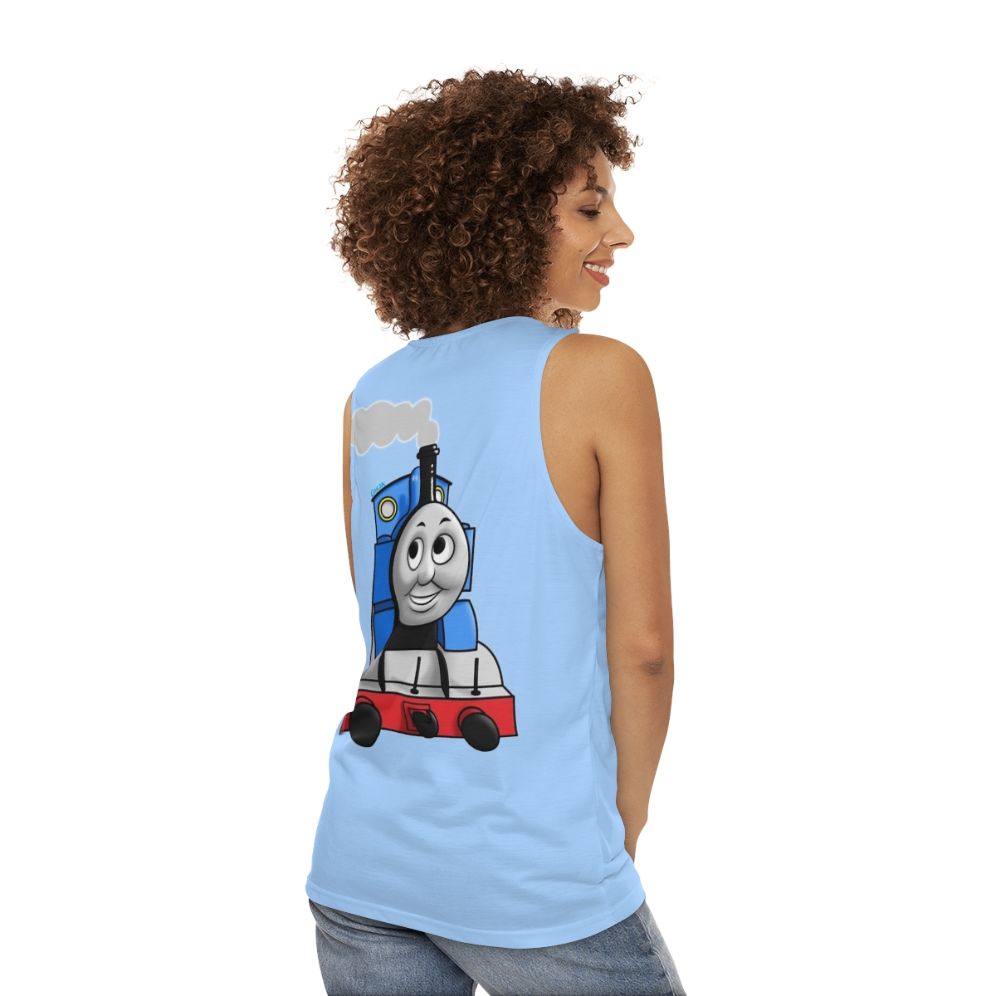 Vintage illustration of Thomas the Tank Engine on a unisex tank top - women back