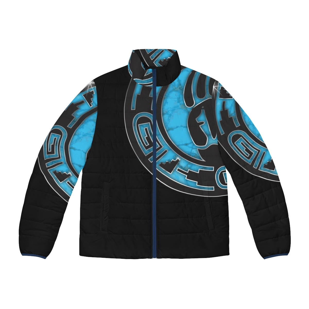 Hopi bear paw turquoise puffer jacket with native american cultural design