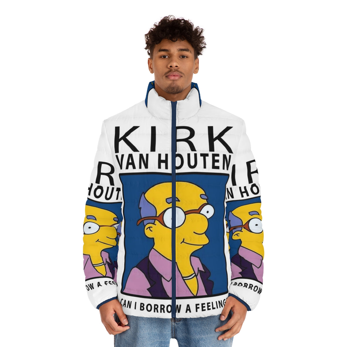 A puffer jacket featuring the iconic "Borrow a Feeling" quote from The Simpsons character Kirk Van Houten. - men front