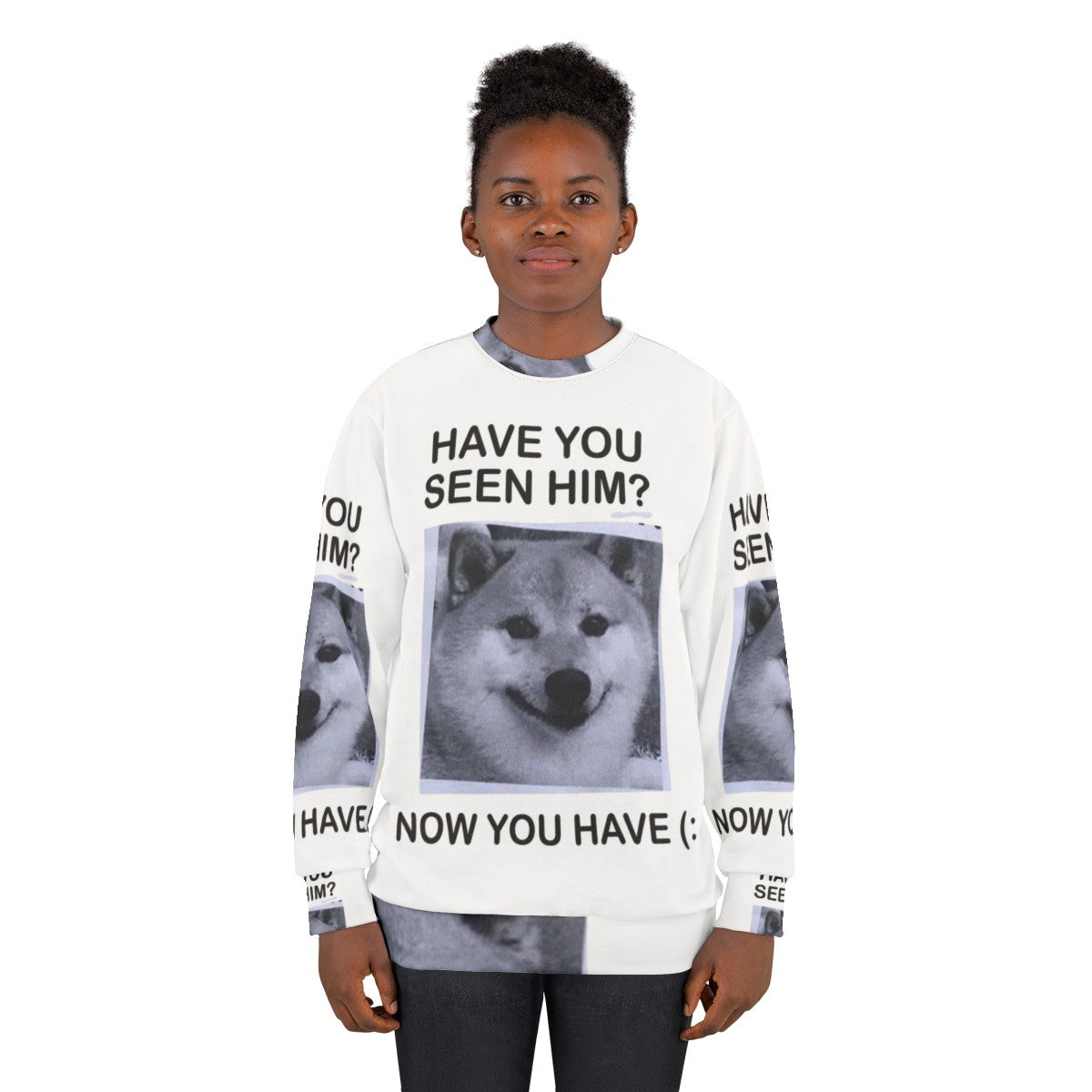 "Have You Seen Him?" Shiba Inu sweatshirt featuring a cute and inspirational dog design - women