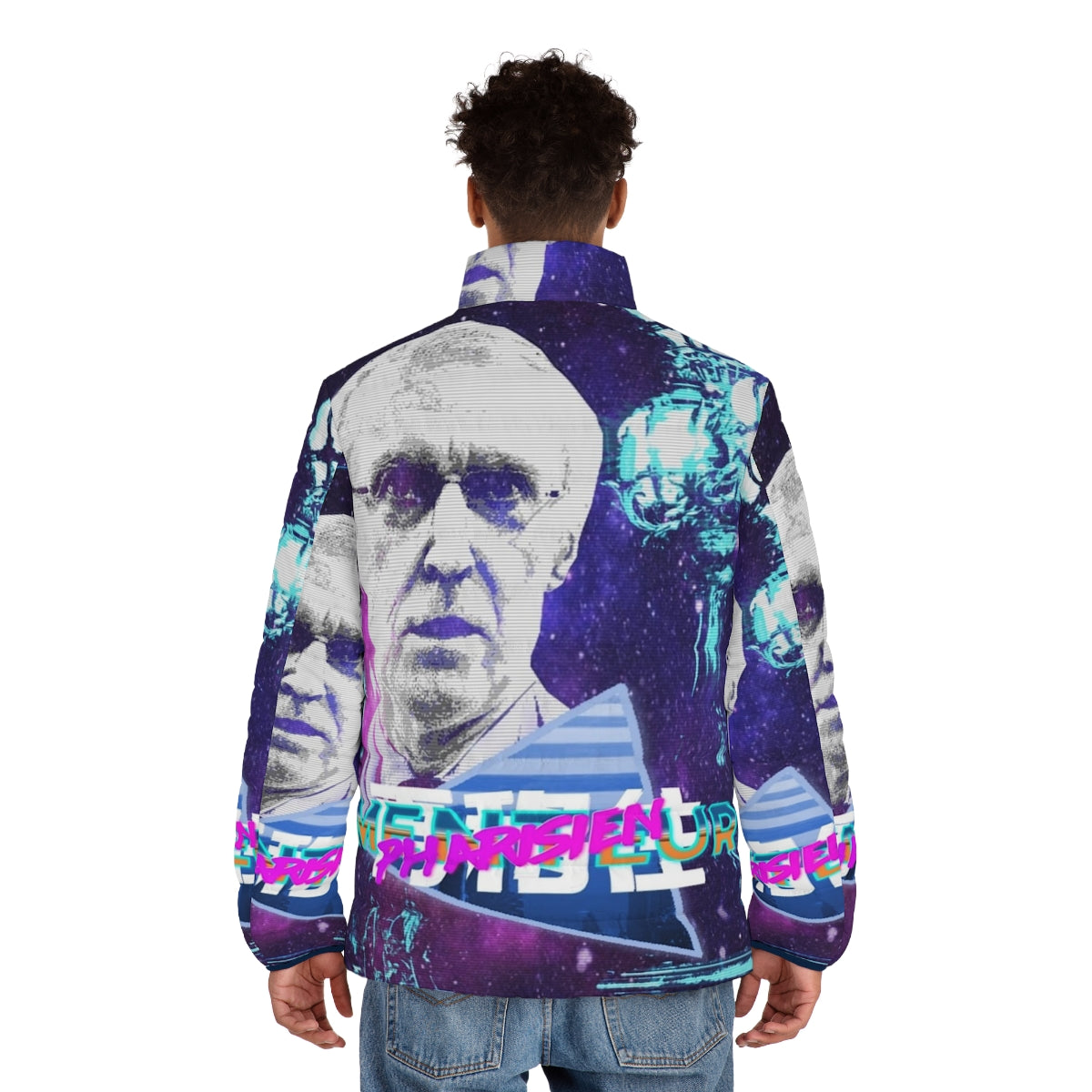 Vaporwave-inspired puffer jacket featuring the Henry De Lesquen design - men back