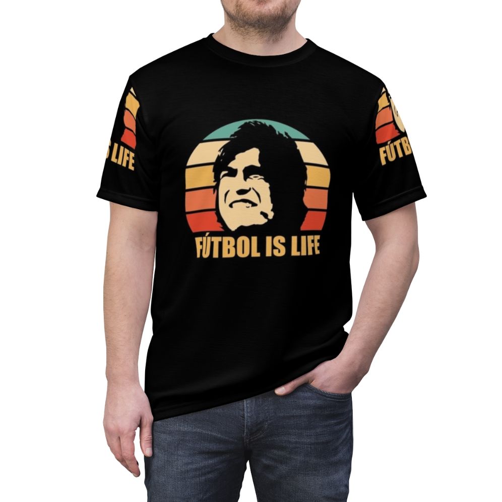 Futbol Is Life AOP T-Shirt, featuring a football-themed design inspired by the TV show Ted Lasso - men front