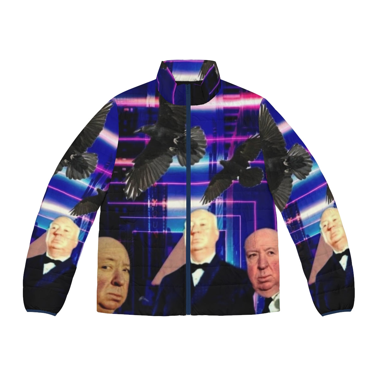 Alfred Hitchcock inspired puffer jacket with fan art design