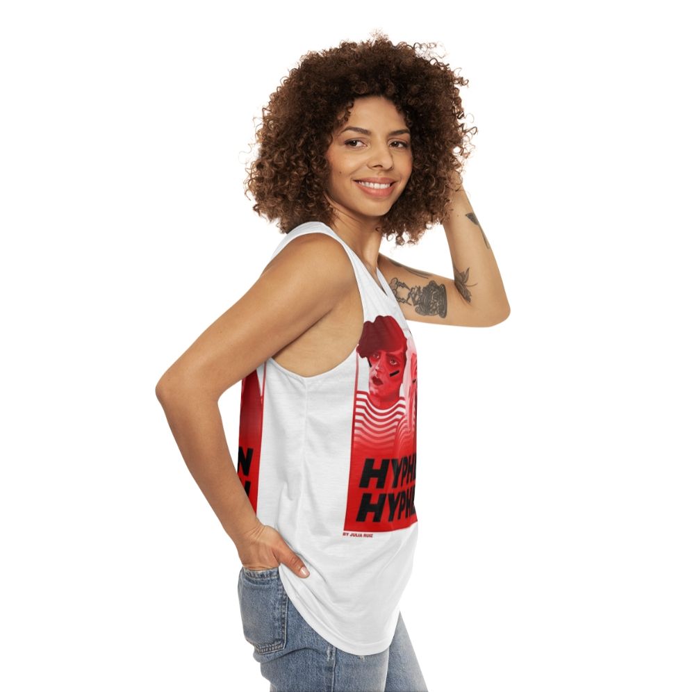 Unisex music tank top featuring Hyphen Hyphen band illustration - women side