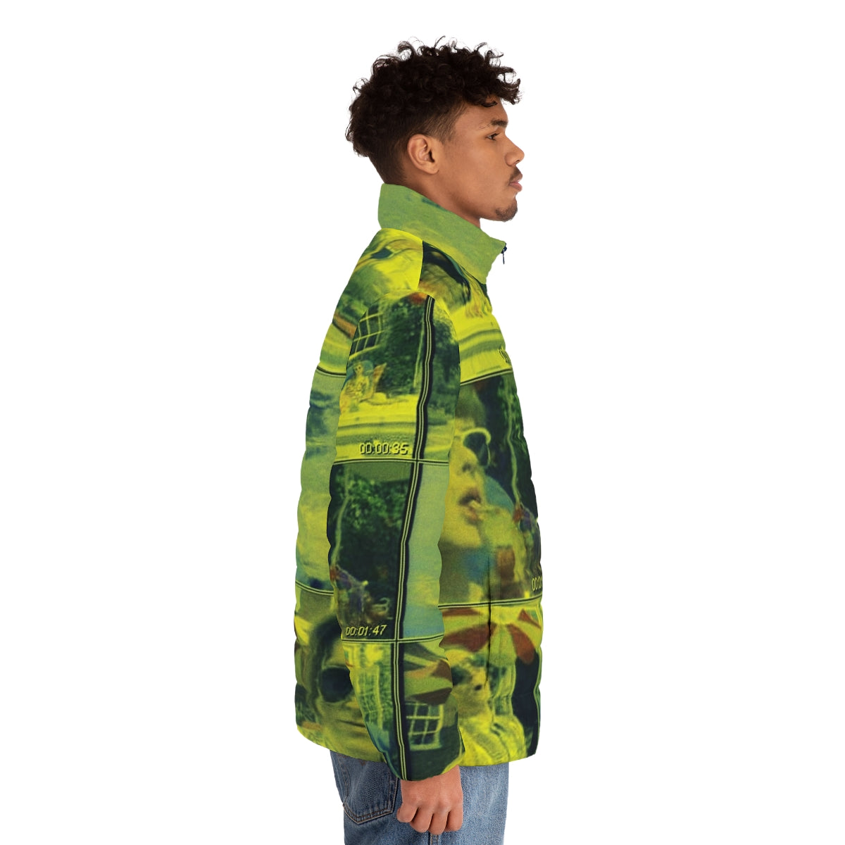 Retro Indie Puffer Jacket featuring Hot Dog Jumping Frog Albuquerque design - men side right