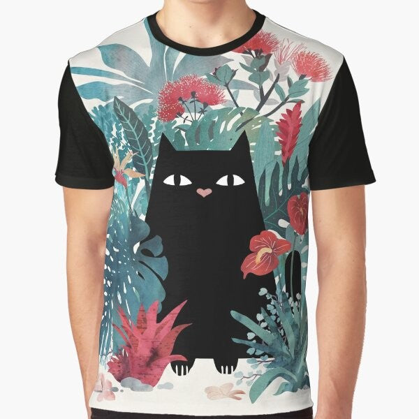 Tropical black cat graphic t-shirt with floral and tropical elements