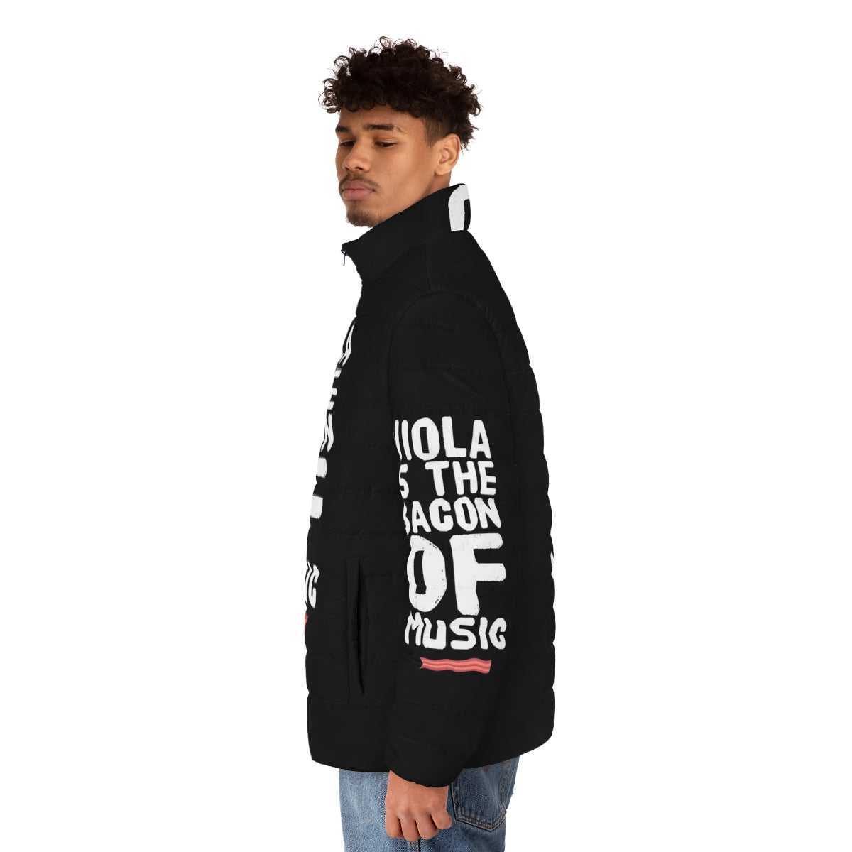 Funny Viola Player Puffer Jacket with "Viola is the Bacon of Music" quote - men side left